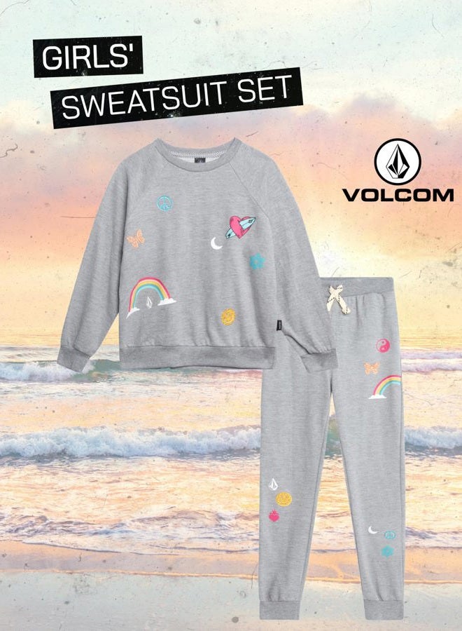 Volcom Girls' Sweatsuit Set - 2 Piece French Terry Pullover Crewneck Sweatshirt and Jogger Sweatpants Set for Girls (7-12), Grey Heather, 10 - Image 2
