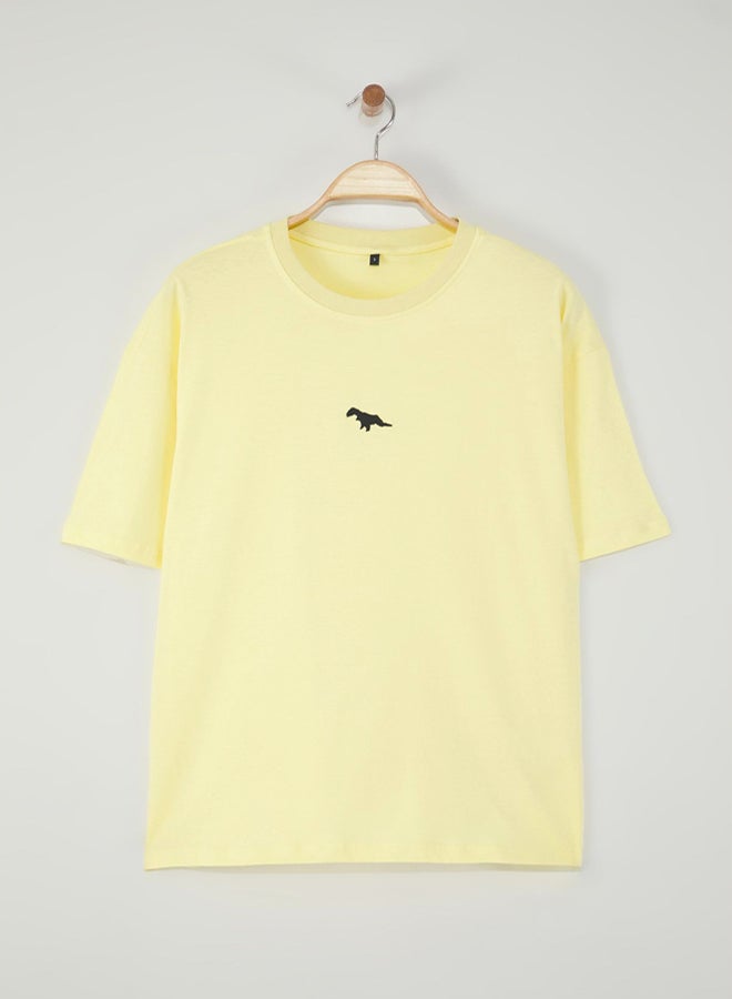 trendyol Yellow Oversize Dinosaur Embroidered T-shirt 100% Tok - Image 5