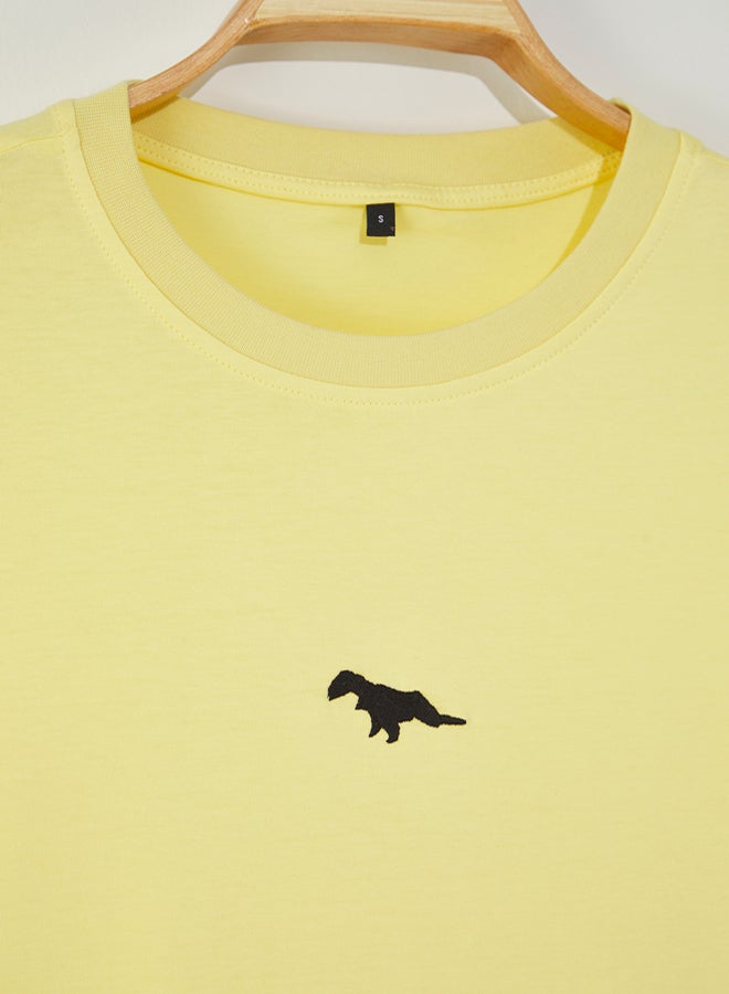 trendyol Yellow Oversize Dinosaur Embroidered T-shirt 100% Tok - Image 3