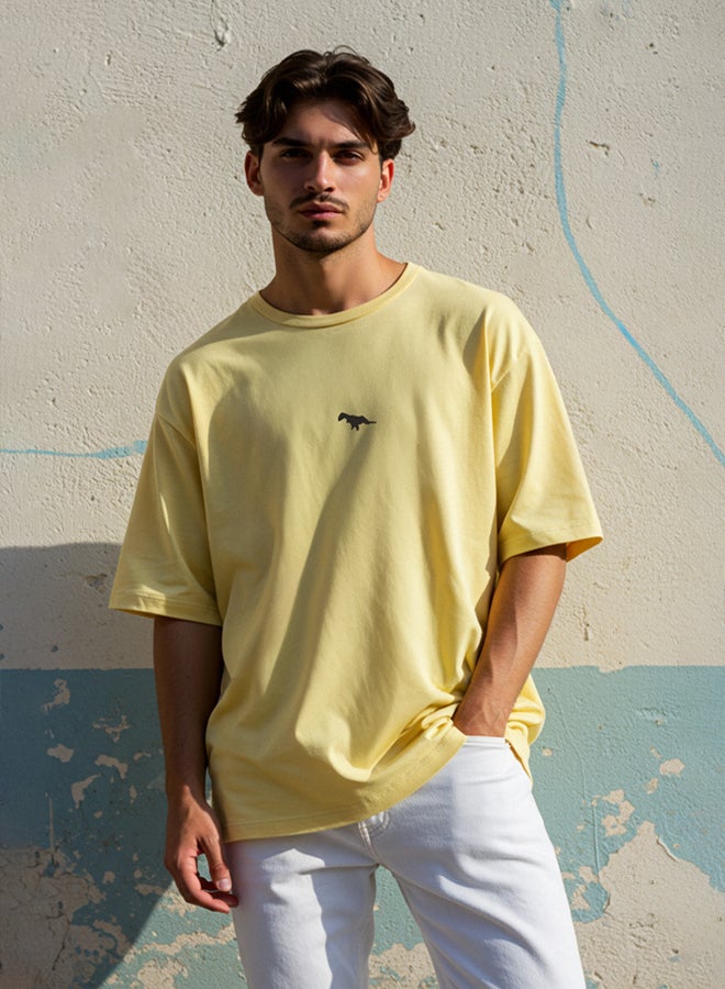 trendyol Yellow Oversize Dinosaur Embroidered T-shirt 100% Tok - Image 1