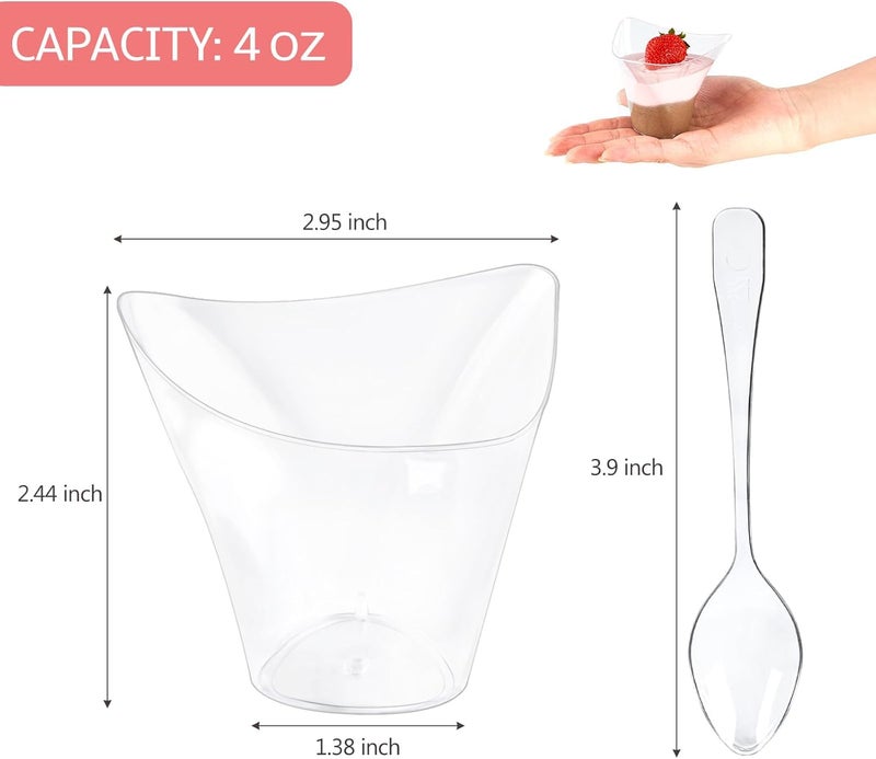 Qeirudu 4 oz Triangular Mini Dessert Cups with Spoons 50 Pack Plastic Appetizer Cups Reusable Shooter Cups for Pudding Fruit Yogurt Parfait Ice Cream - Image 2