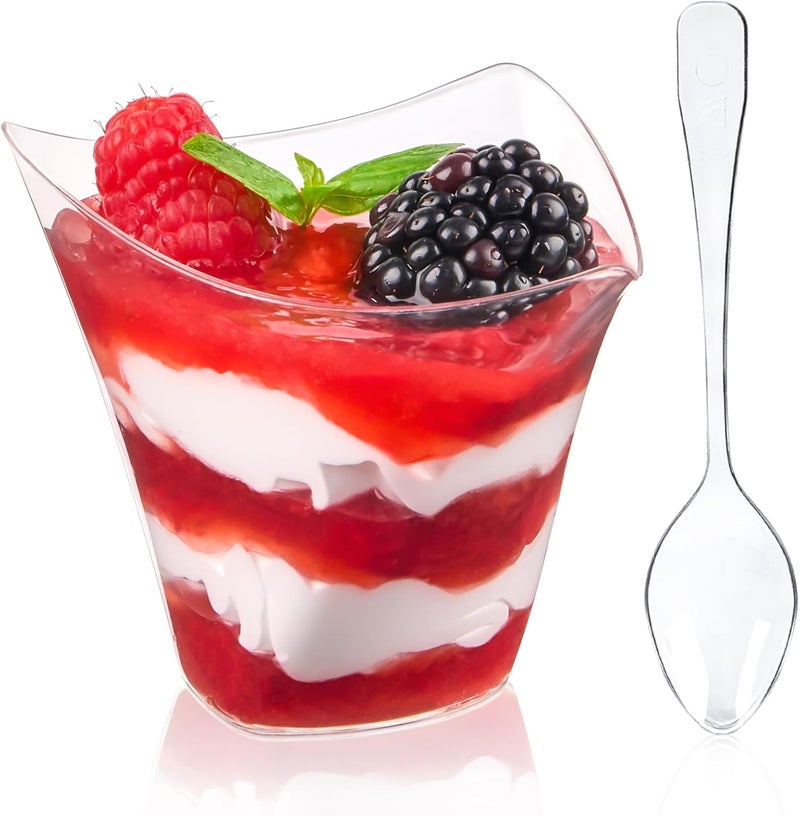 Qeirudu 4 oz Triangular Mini Dessert Cups with Spoons 50 Pack Plastic Appetizer Cups Reusable Shooter Cups for Pudding Fruit Yogurt Parfait Ice Cream - Image 1