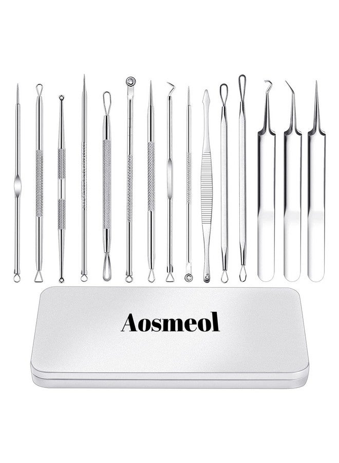 Aosmeol طقم أدوات إزالة البثور 15 قطعة - أدوات استخراج الرؤوس السوداء - أدوات احترافية لإزالة البثور والرؤوس السوداء - أدوات إزالة عيوب البشرة من الفولاذ المقاوم للصدأ للبثور على الجبين والأنف والوجه مع علبة معدنية - Image 1
