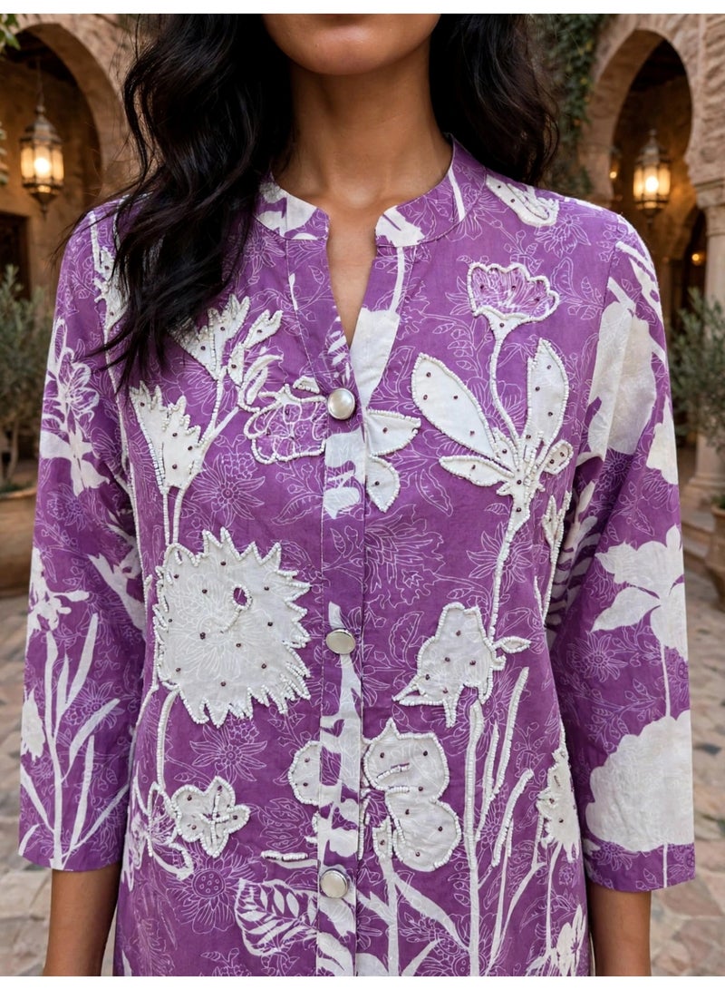 IKKXA Contrast Floral Print Jalabiya IKTT06Purple - Image 2