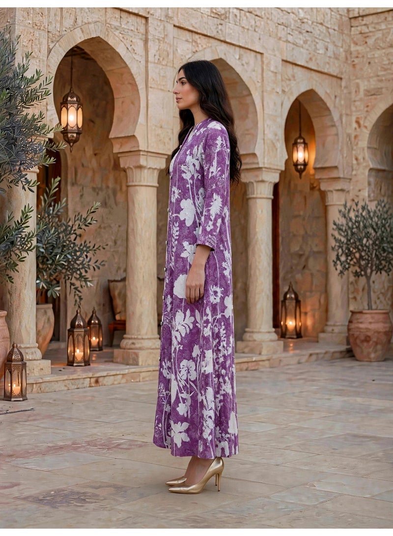 IKKXA Contrast Floral Print Jalabiya IKTT06Purple - Image 4