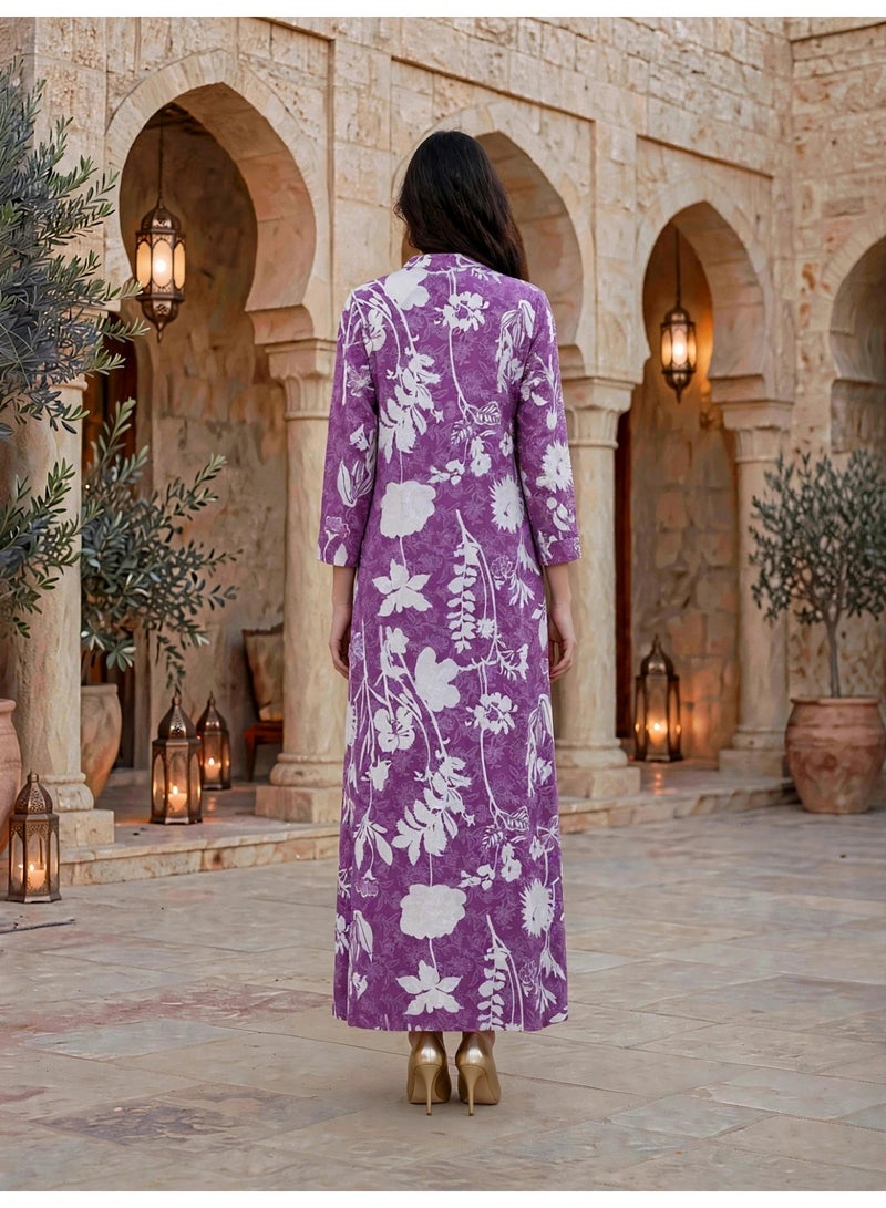 IKKXA Contrast Floral Print Jalabiya IKTT06Purple - Image 5