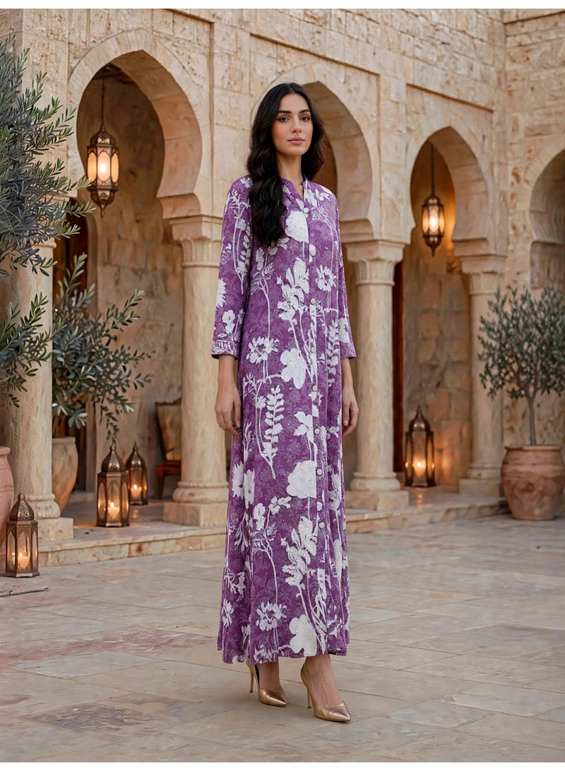 IKKXA Contrast Floral Print Jalabiya IKTT06Purple - Image 1