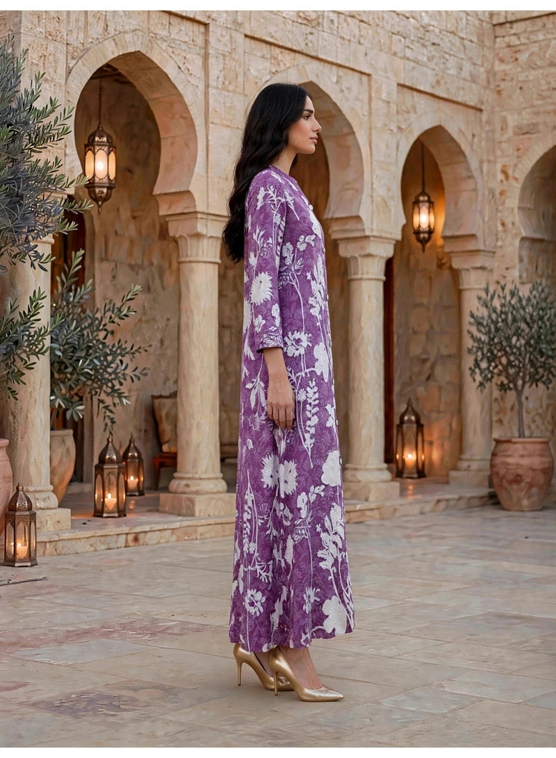 IKKXA Contrast Floral Print Jalabiya IKTT06Purple - Image 3
