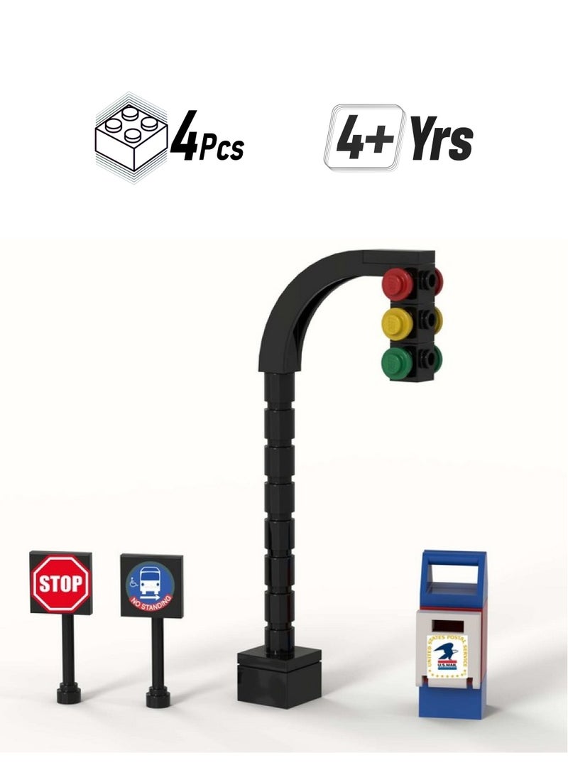 Custom Toys & Hobbies Building Bricks Toys City Town Village Street Main Road Arch Traffic Light, Stop Sign, Bus Stop, Post Box, Road Sign, 4 Pcs Playset. For Kids 4+ Plastic  - Image 1