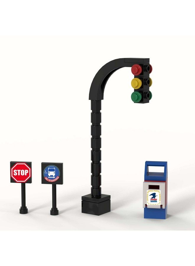Custom Toys & Hobbies Building Bricks Toys City Town Village Street Main Road Arch Traffic Light, Stop Sign, Bus Stop, Post Box, Road Sign, 4 Pcs Playset. For Kids 4+ Plastic  - Image 2