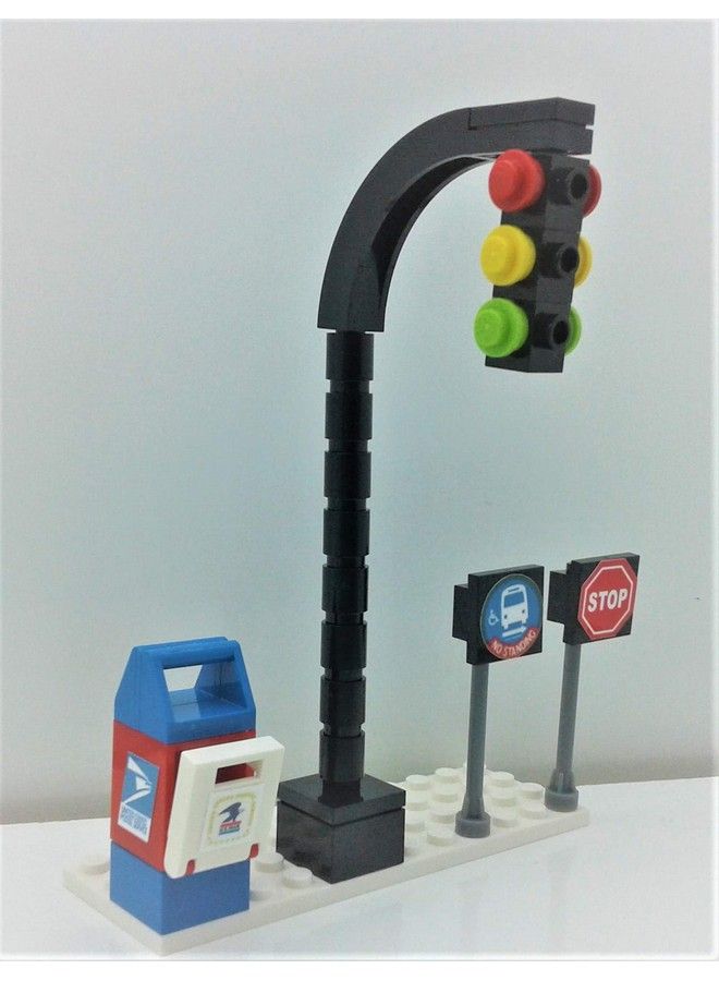 Custom Toys & Hobbies Building Bricks Toys City Town Village Street Main Road Arch Traffic Light, Stop Sign, Bus Stop, Post Box, Road Sign, 4 Pcs Playset. For Kids 4+ Plastic  - Image 4