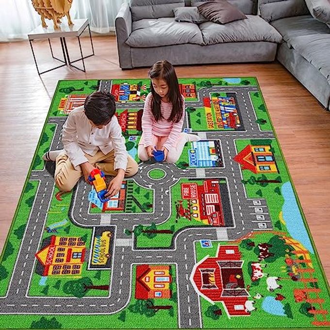 AKASISRUG Kids Carpet Playmat Rug 59"x39.4", Car Rug for Kids Cars, Non-Slip Town City Road Map Kids Rugs for Playroom Bedroom Boys, Kids Cars Play Mat Track Road Rugs for Kid(59X39.4Inch,Green) - Image 1