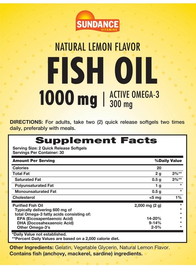 Sundance Fish Oil 1000mg | 60 Softgels | Natural Lemon Flavor | with Active Omega-3 | Non-GMO and Gluten Free Supplement - Image 2