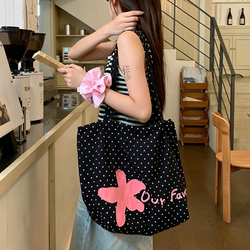 Korean Polka Dot Shoulder Bag with Floral Embroidery, Lightweight Tote - Image 1