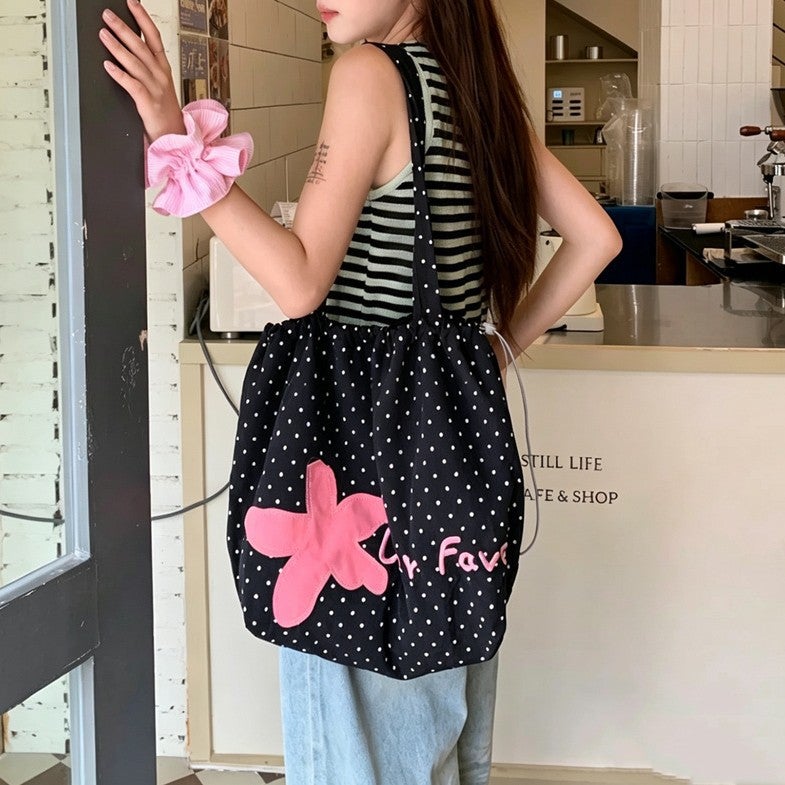 Korean Polka Dot Shoulder Bag with Floral Embroidery, Lightweight Tote - Image 2