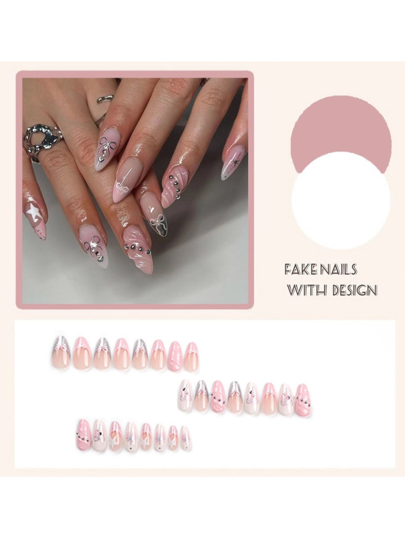 Captaintech Press On Nail,Cold-Tone 3d Water Drop Shell Nail Art, Almond-Shaped Artificial Nails,24pcs.Fake Acrylic Nails With Glue Kit. - Image 2