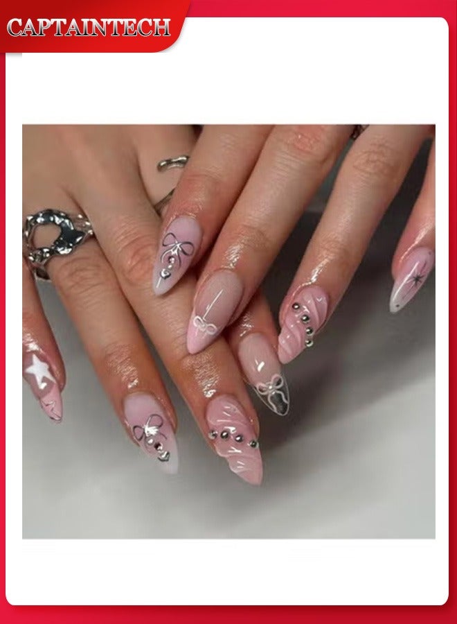 Captaintech Press On Nail,Cold-Tone 3d Water Drop Shell Nail Art, Almond-Shaped Artificial Nails,24pcs.Fake Acrylic Nails With Glue Kit. - Image 1