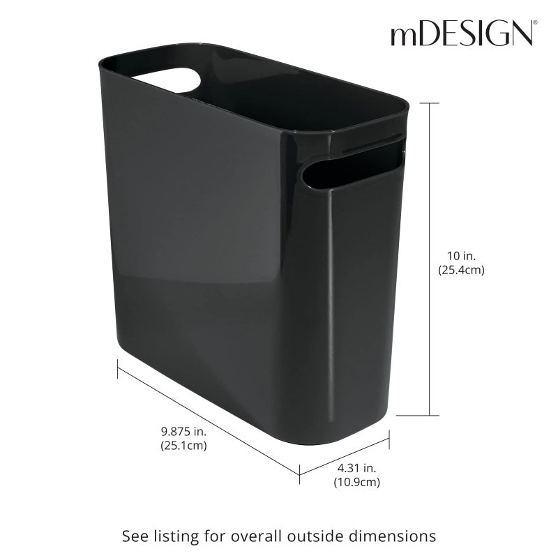 mDesign Plastic Small Trash Can, 1.5 Gallon/5.7-Liter Wastebasket, Narrow Garbage Bin with Handles for Bathroom, Laundry, Home Office - Holds Waste, Recycling, 10" High, Aura Collection, Black - Image 3