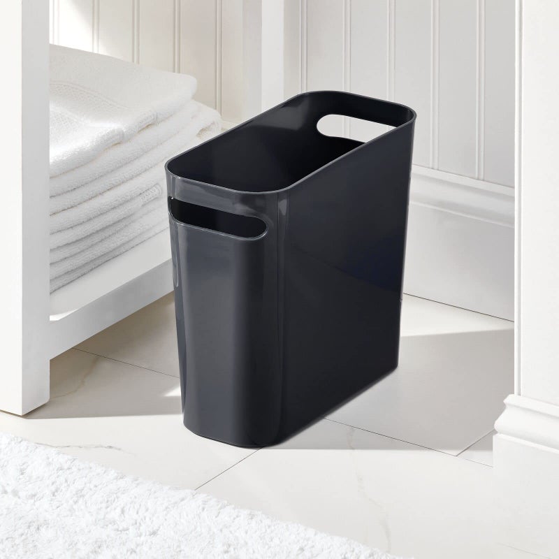 mDesign Plastic Small Trash Can, 1.5 Gallon/5.7-Liter Wastebasket, Narrow Garbage Bin with Handles for Bathroom, Laundry, Home Office - Holds Waste, Recycling, 10" High, Aura Collection, Black - Image 2