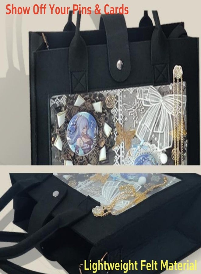 Hileapx Ita Bag Felt Tote with Clear Pin Display Window, Cute Kawaii Crossbody Bag for Anime Pins and Kpop Fans, Lightweight Aesthetic Convention Bag, Black - Image 3