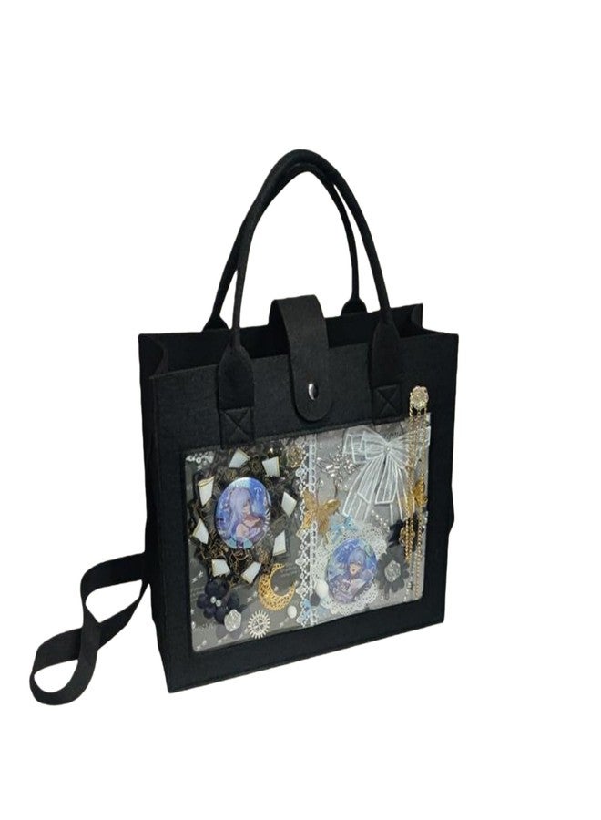 Hileapx Ita Bag Felt Tote with Clear Pin Display Window, Cute Kawaii Crossbody Bag for Anime Pins and Kpop Fans, Lightweight Aesthetic Convention Bag, Black - Image 1