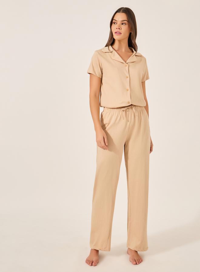 Styli Women Beige Solid Jersey Short Sleeve Shirt and Pyjama Set  - Image 2