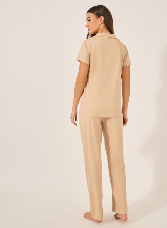 Styli Women Beige Solid Jersey Short Sleeve Shirt and Pyjama Set  - Image 5