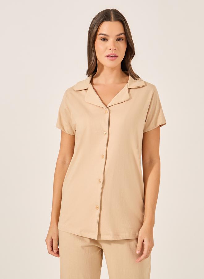 Styli Women Beige Solid Jersey Short Sleeve Shirt and Pyjama Set  - Image 3