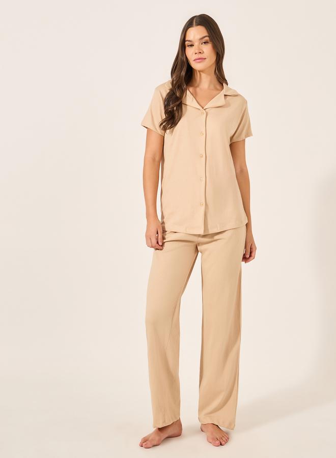 Styli Women Beige Solid Jersey Short Sleeve Shirt and Pyjama Set  - Image 1