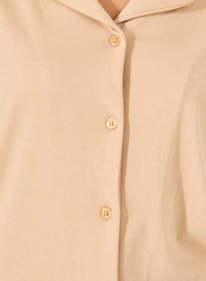 Styli Women Beige Solid Jersey Short Sleeve Shirt and Pyjama Set