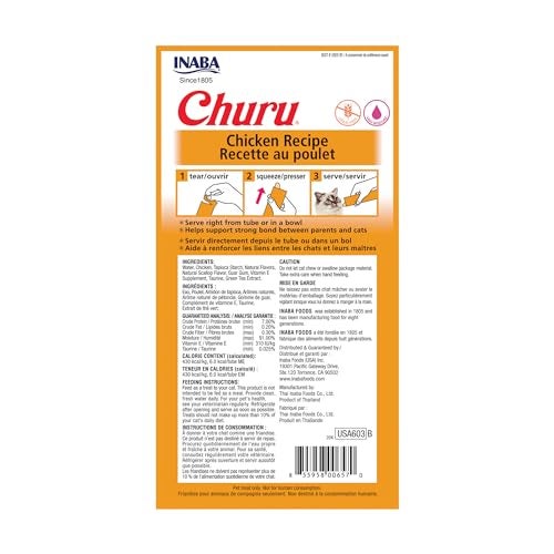 INABA Churu Cat Treats, Grain-Free, Lickable, Squeezable Creamy Purée Cat Treat/Topper with Vitamin E & Taurine, 0.5 Ounces Each Tube, 4 Tubes, Chicken Recipe - Image 2