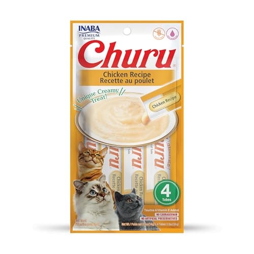 INABA Churu Cat Treats, Grain-Free, Lickable, Squeezable Creamy Purée Cat Treat/Topper with Vitamin E & Taurine, 0.5 Ounces Each Tube, 4 Tubes, Chicken Recipe - Image 1
