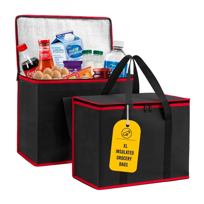 NOT MADE IN CHINA INSULATED REUSABLE GROCERY BAGS CATERING AND DELIVERY BAG FOR HOT AND COLD FOOD COLLAPSIBLE THERMAL TOTE FOR DOORDASH AND UBER EATS 1 BLACK WRED TRIM XLARGE