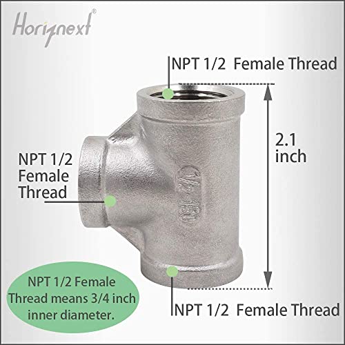 Horiznext npt 12 female thread stainless steel tee pipe fitting three way 34 inch ID connector metal cast t shaped adapter for water air furniture tank tube industrial 4pcs - Image 3