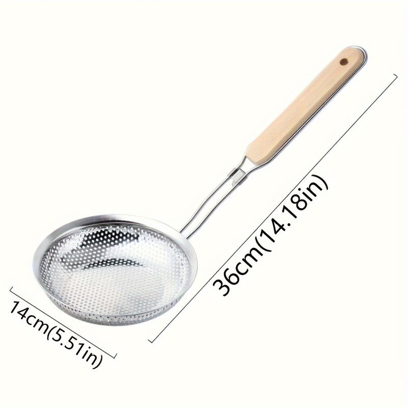 Premium Stainless Steel Colander With Wooden Handle Fine Mesh Skimmer Spoon For Cooking Food Prep Grease Filtering Ideal Pasta Noodles Home Kitchen Restaurant 1pc - Image 2