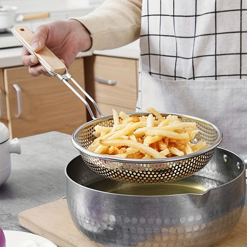 Premium Stainless Steel Colander With Wooden Handle Fine Mesh Skimmer Spoon For Cooking Food Prep Grease Filtering Ideal Pasta Noodles Home Kitchen Restaurant 1pc - Image 4