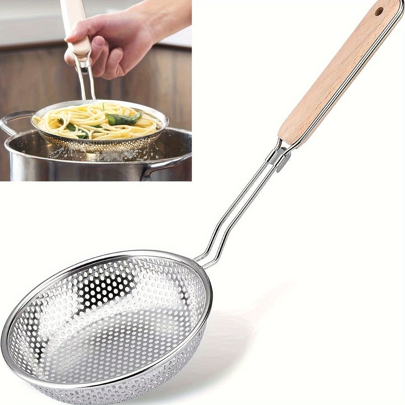 Premium Stainless Steel Colander With Wooden Handle Fine Mesh Skimmer Spoon For Cooking Food Prep Grease Filtering Ideal Pasta Noodles Home Kitchen Restaurant 1pc - Image 1