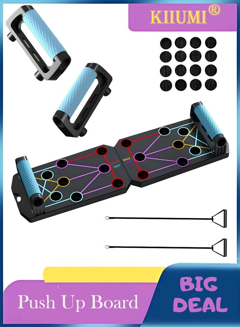 KIIUMI Push Up Board, Multi-function Push Up Stand With Resistance Bands, Foldable Portable Strength Training Equipment for Men and Women, Push up Handles for Floor to Strengthen Arms, Core and Back - Image 1