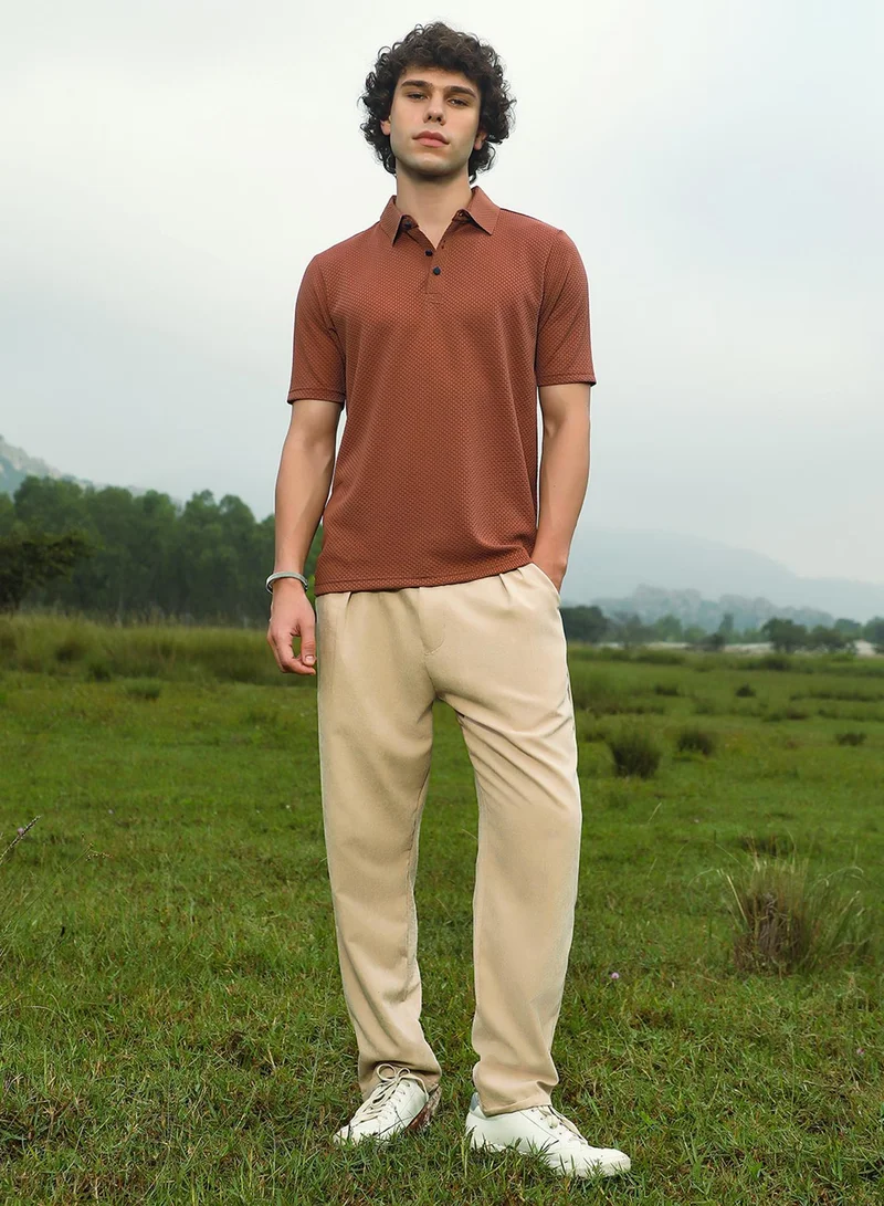 Campus Sutra Men's Sienna Brown Warp-Tactile Polo T-Shirt