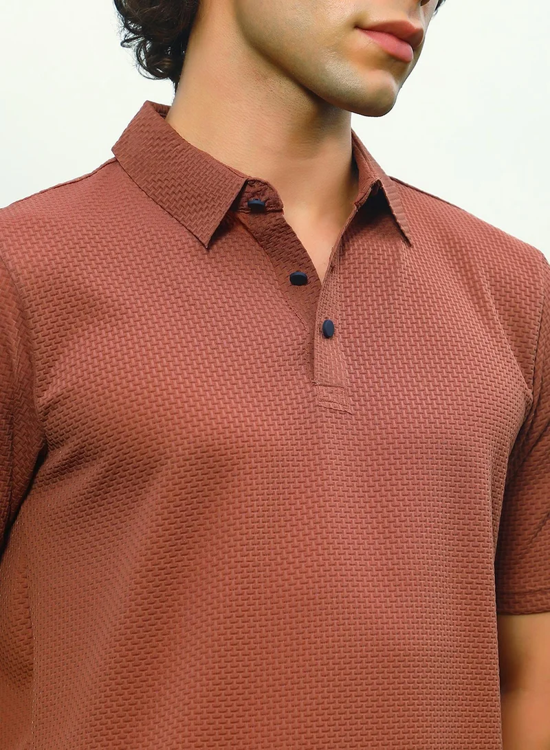 Campus Sutra Men's Sienna Brown Warp-Tactile Polo T-Shirt