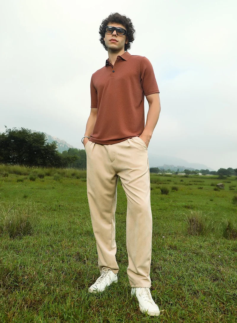 Campus Sutra Men's Sienna Brown Warp-Tactile Polo T-Shirt