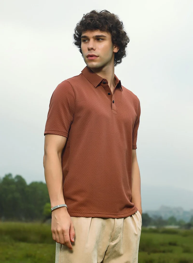 Campus Sutra Men's Sienna Brown Warp-Tactile Polo T-Shirt