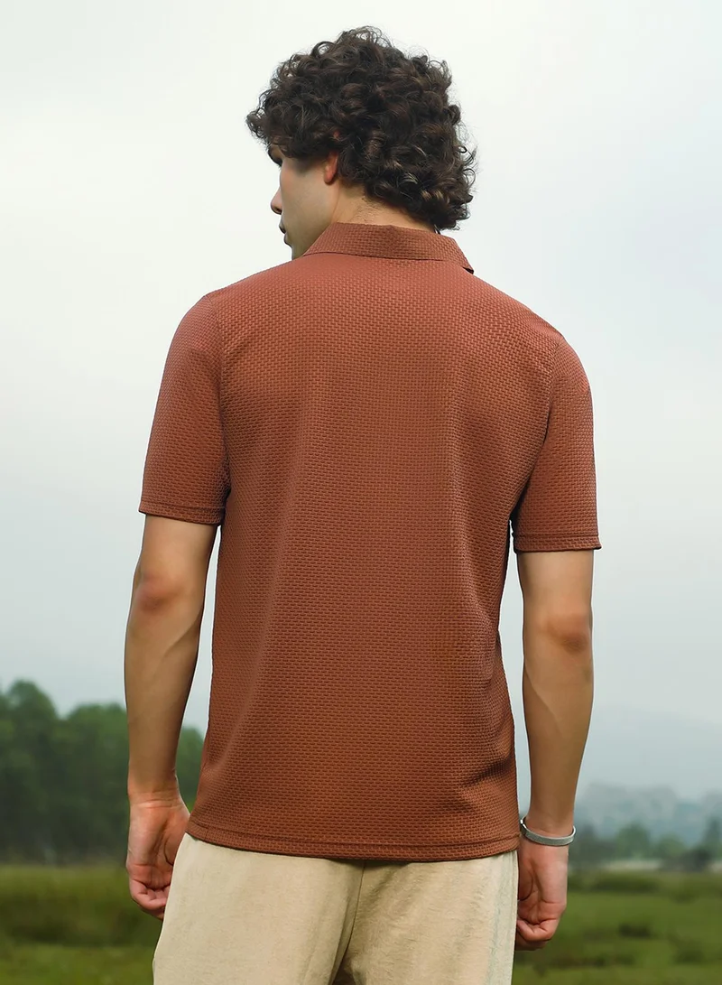 Campus Sutra Men's Sienna Brown Warp-Tactile Polo T-Shirt