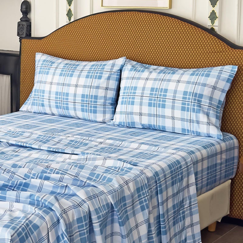 MICORAL مجموعة ورقة Micoral King Set Plaid Plaid 4 قطع ملاءات مطبوعة حريرية وخفيفة الوزن مجموعة 16 "" Deep Pocket Ultra Soft & Cooling Sheet Oeko-Tex مصدقة مصدقة من اللون الأزرق - Image 1