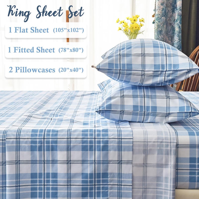 MICORAL مجموعة ورقة Micoral King Set Plaid Plaid 4 قطع ملاءات مطبوعة حريرية وخفيفة الوزن مجموعة 16 "" Deep Pocket Ultra Soft & Cooling Sheet Oeko-Tex مصدقة مصدقة من اللون الأزرق - Image 3