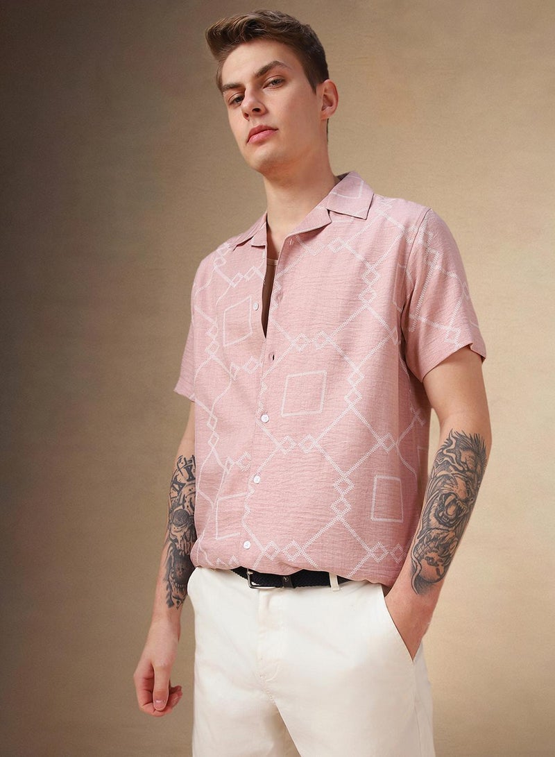 Dennis Lingo Men's Peach 100% Polyester Printed Relaxed Fit Shirt - Image 1