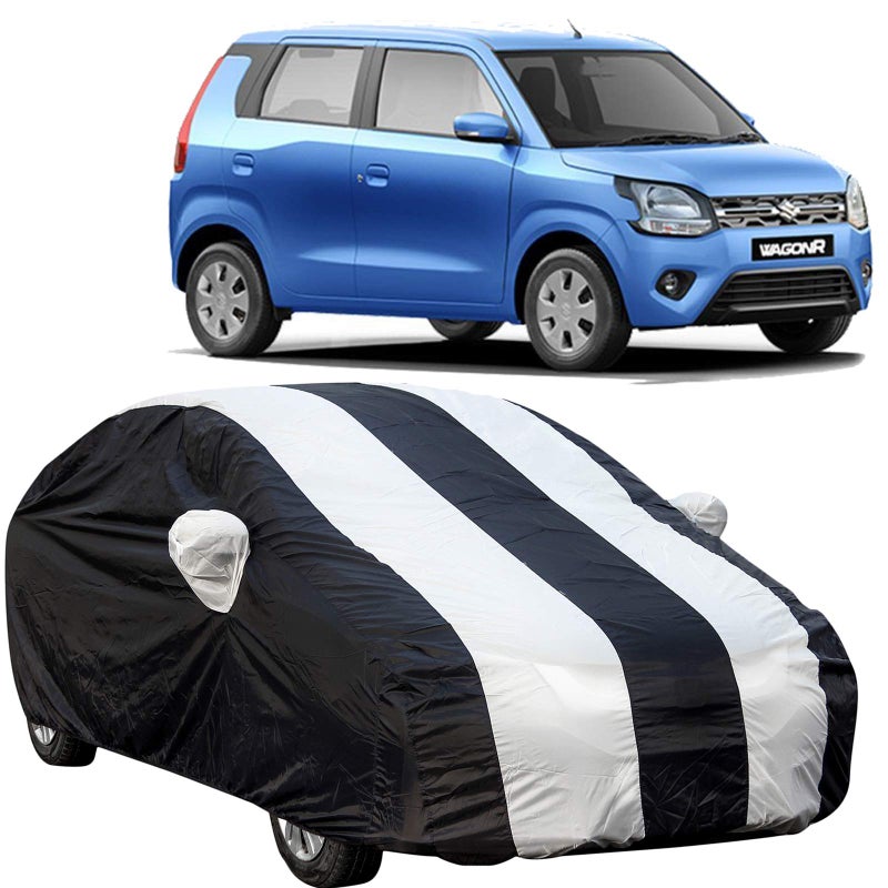 The Autostory 190 Taffeta Water Resistant Car Body Cover Compatible with Maruti Wagonr/Wagon r (2019 Onwards) with Mirror Pockets (White/Navy Blue) - Image 5