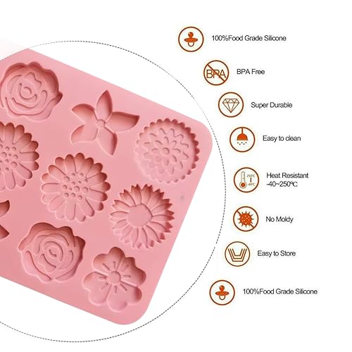 Moldberry Silicone 12 Cavity Flower Chocolate Molds Floral Sunflower Tulip Daisy Candy Baking Molds Cake Pop Mold Ice Cube Soap Jello Candle Mould For Pudding Desserts - Pack 1,15.4X13.9X1 Cm - Image 3
