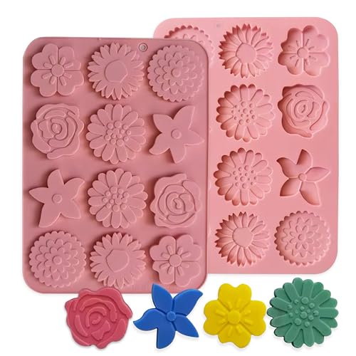 Moldberry Silicone 12 Cavity Flower Chocolate Molds Floral Sunflower Tulip Daisy Candy Baking Molds Cake Pop Mold Ice Cube Soap Jello Candle Mould For Pudding Desserts - Pack 1,15.4X13.9X1 Cm - Image 1