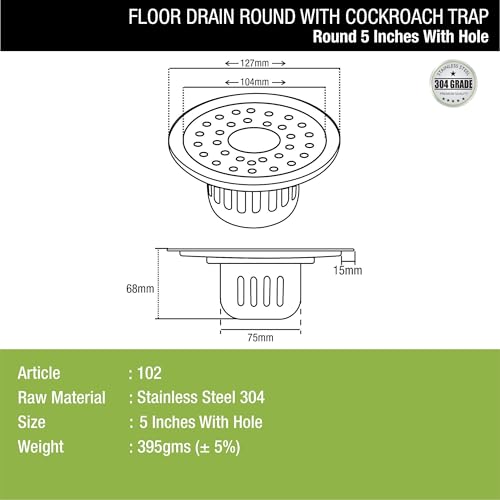 LIPKA Round Floor Drain |304-Grade Stainless Steel |5 Inches| with Cockroach Trap/Jali & Hinge| - Image 2